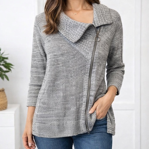 Poof! Sweaters - POOF! Gray Asymmetrical Zip Sweater Foldover Collar Moto Knit L